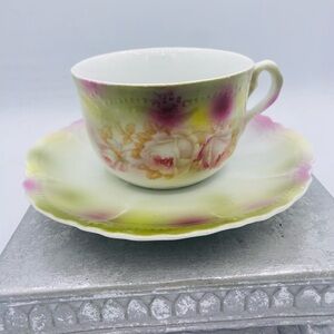 Antique German Lusterware Tea Cup And Saucer Set Made In Luechtenburg Germany